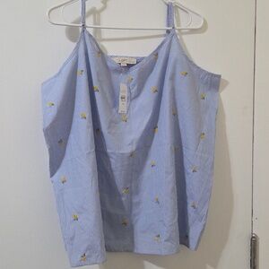 LOFT NWT Blue & White Striped Top with Yellow Embroidery XXL
